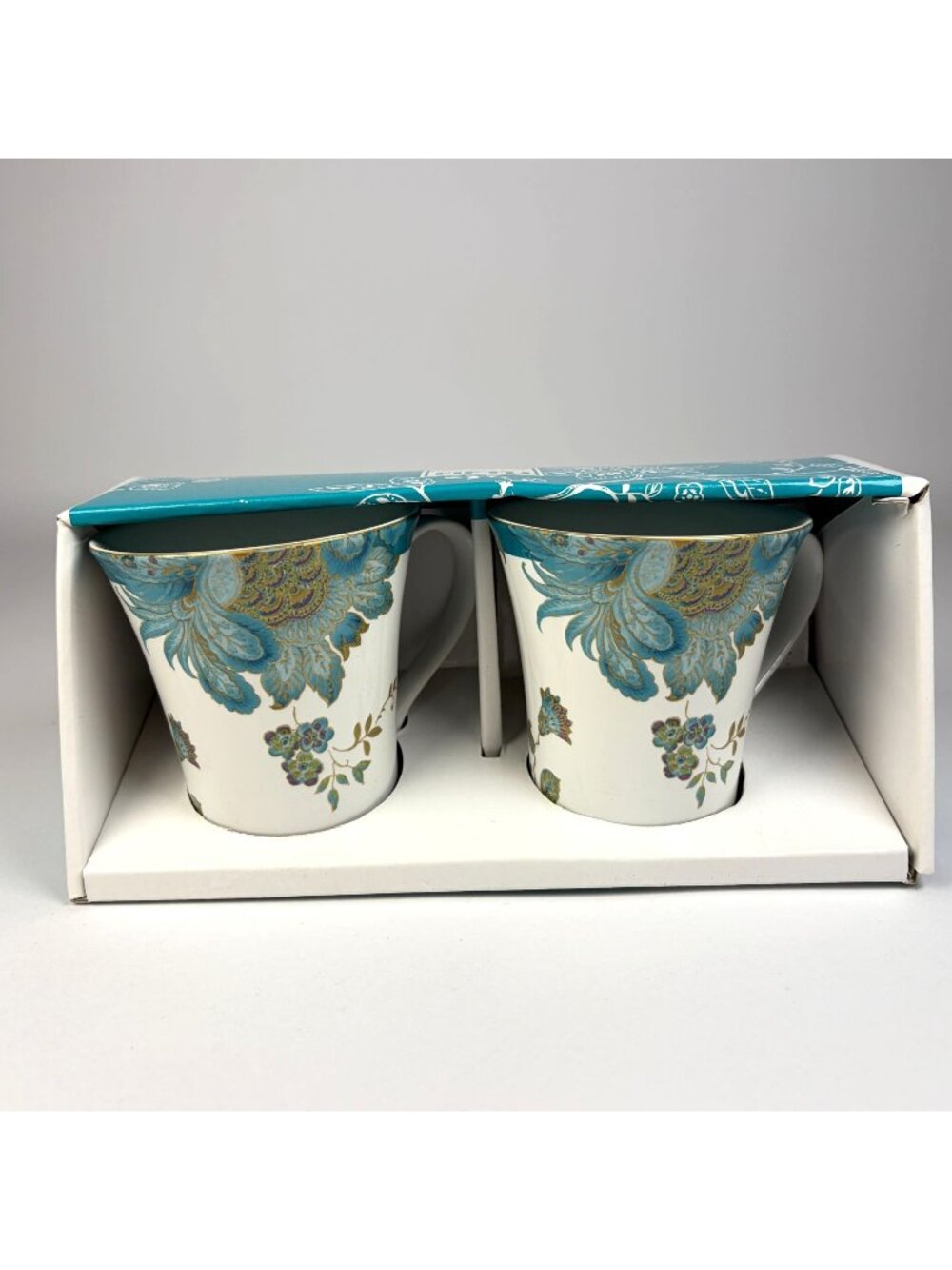 222 Fifth Eliza Teal Porcelain Coffee Mugs Cups Set of 2 Peacock Feathers New